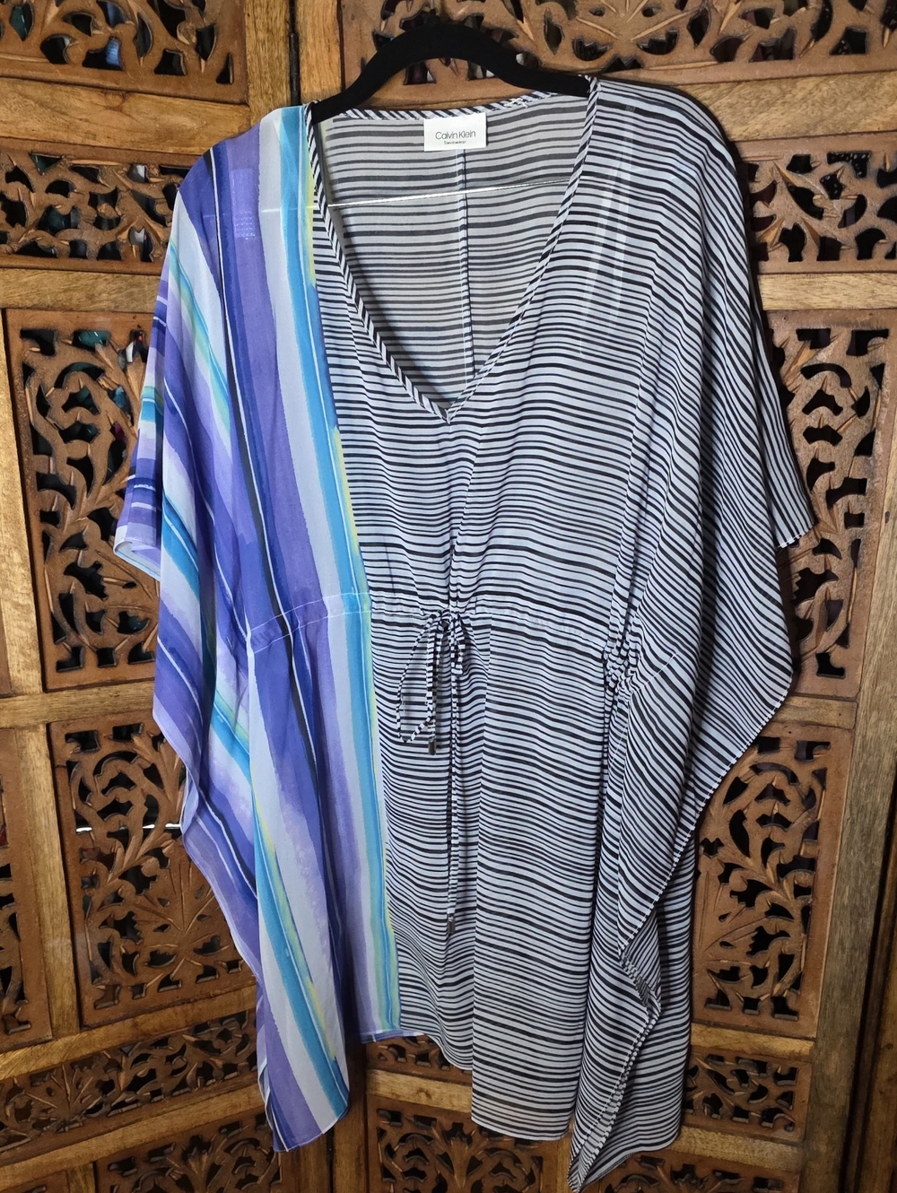 Calvin Klein Black & White Striped Swim Cover-Up with Purple Blue Stripe Panel